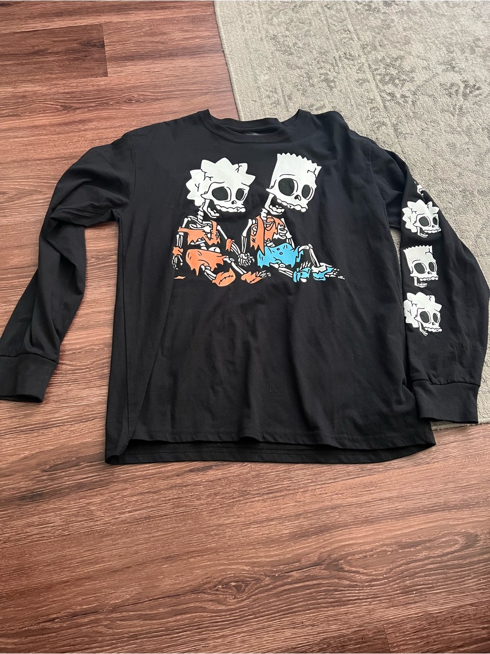 Graphic Skull Long-Sleeve Tee - Black with Orange & Blue Art